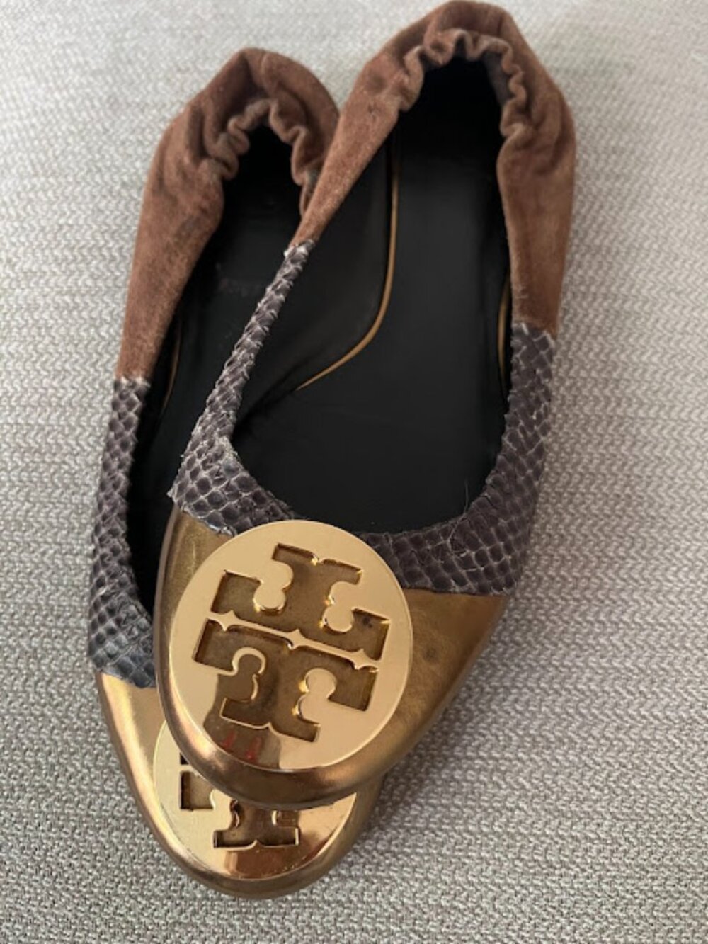 Tory Burch Brown Gold Reva Round Toe Slip On Ballet Flats Shoes Size 9M - Picture 3 of 15